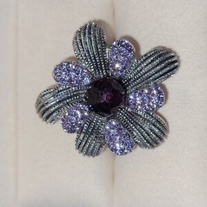Oversized Purple Flower Ring w/ Synthethic Amethyst Lavender Rhinestones SS Band